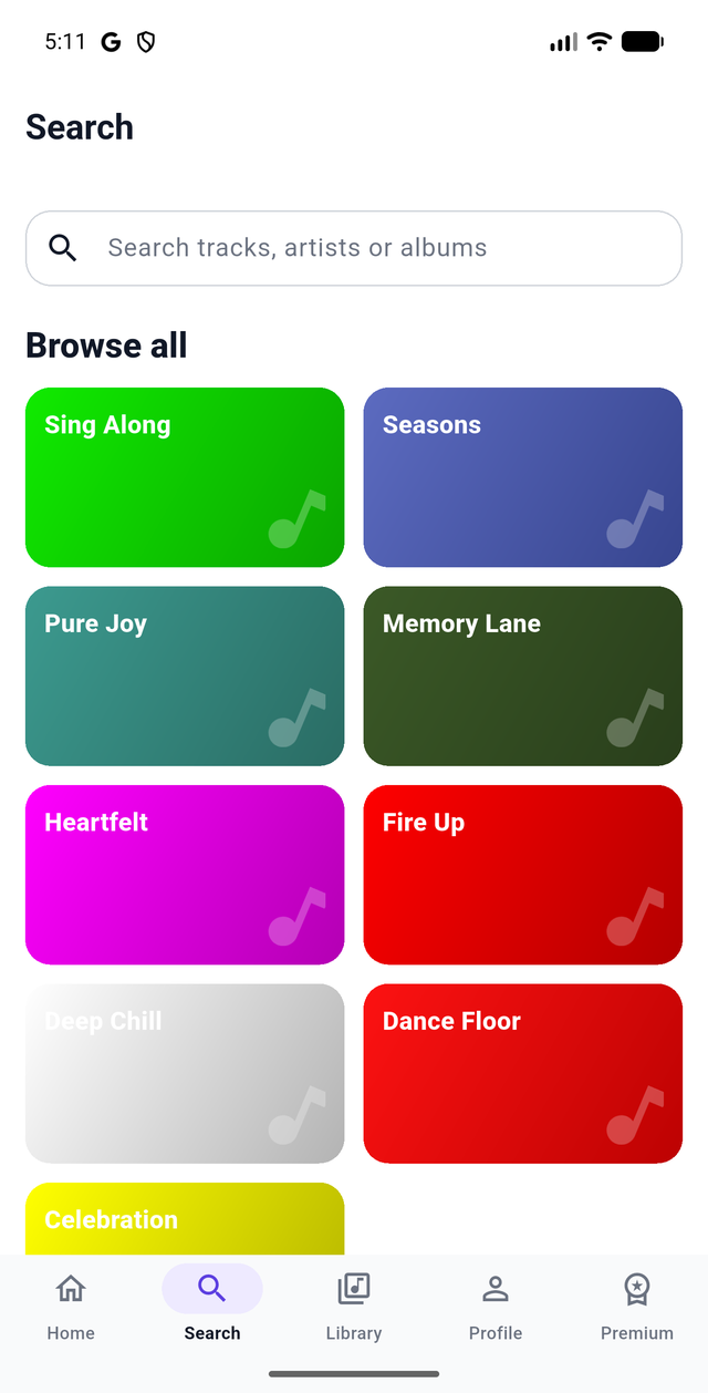Browsing Streamza by mood, with colour-blocked tiles