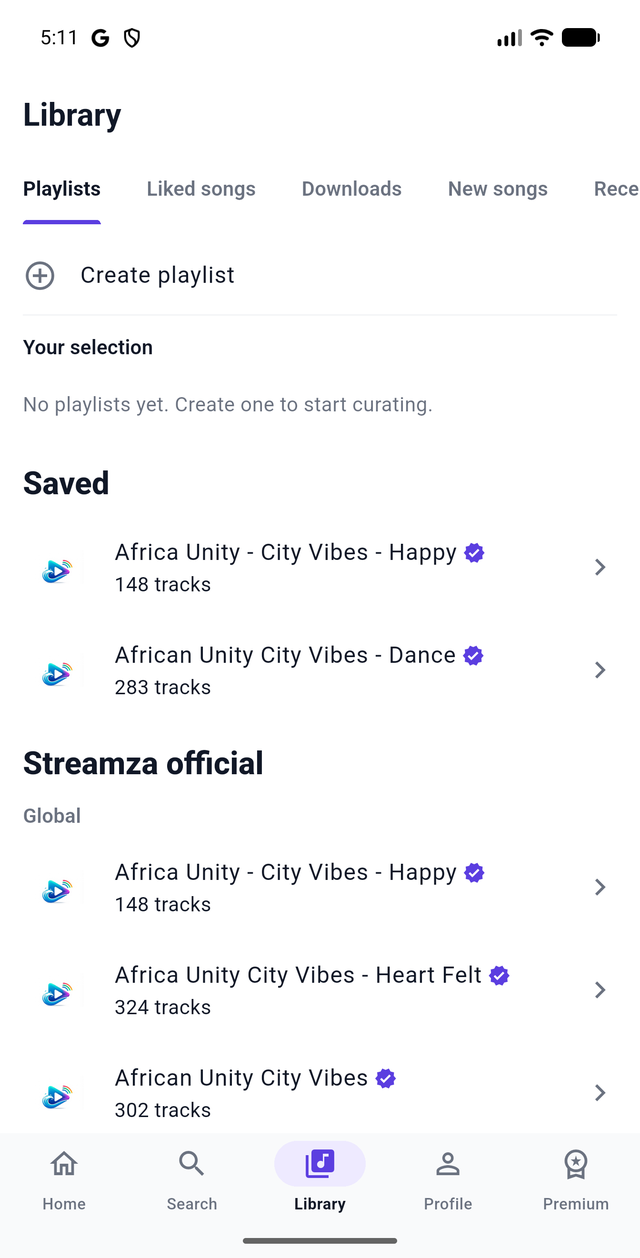 The Streamza library, showing saved and official playlists