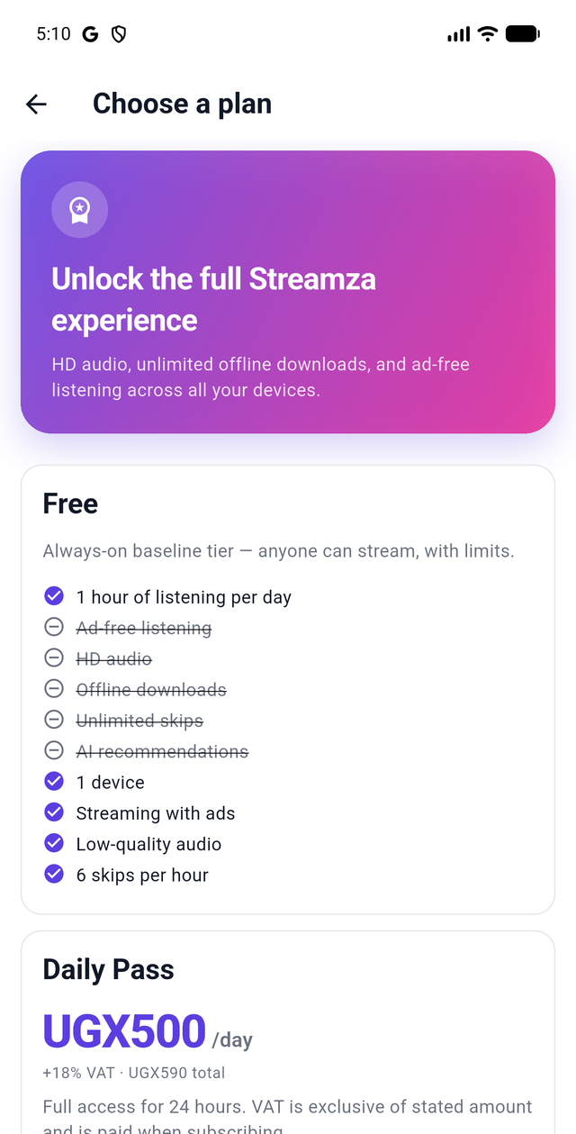 Streamza plans, priced in Ugandan shillings with VAT shown